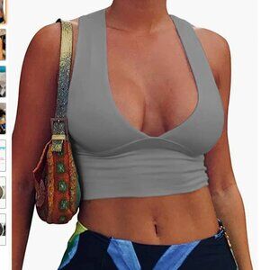 AEPEBO Crop Top Deep V Neck Back Cutout Sleeveless Plunge Crop Top | BLACK